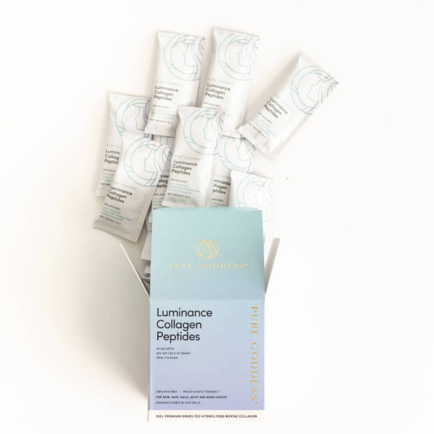 30 single serve sachets of collagen peptides, grass fed bovine collagen with no taste or smell