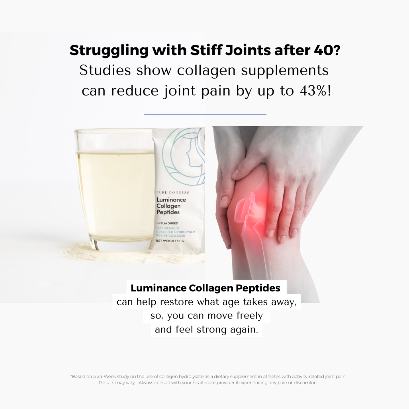 Advertisement for Luminance Collagen Peptides showing a glass of liquid and a package with text about joint pain relief.